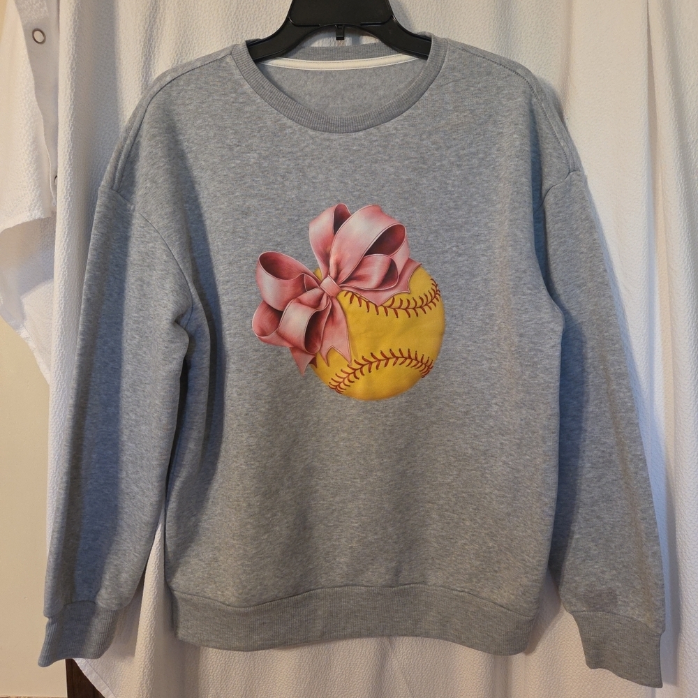 Gray Sweatshirt with Softball and Pink Bow